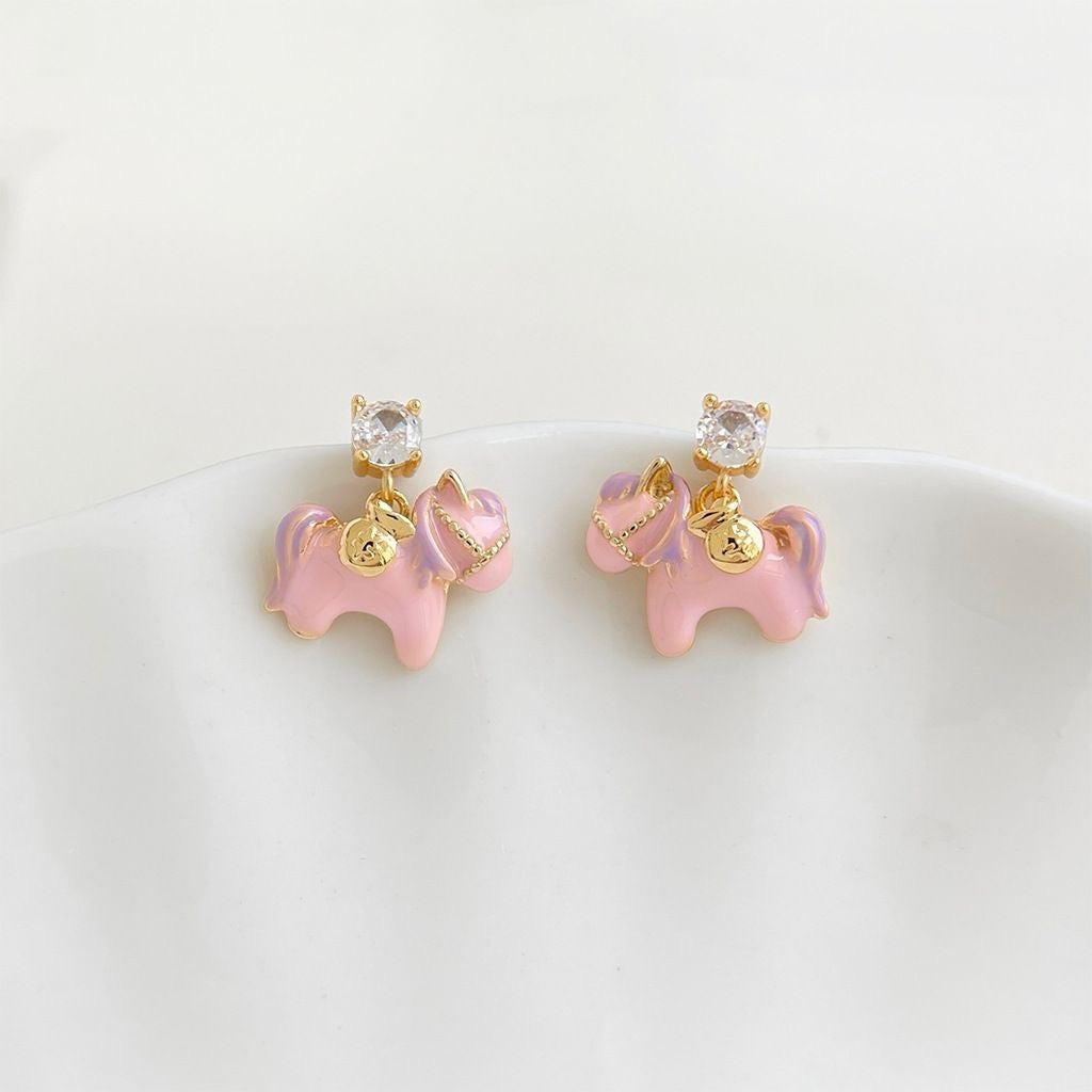 Pink Enamel Painted Pony and Shiny Rhinestone Earrings