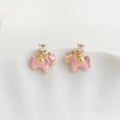 Pink Enamel Painted Pony and Shiny Rhinestone Earrings