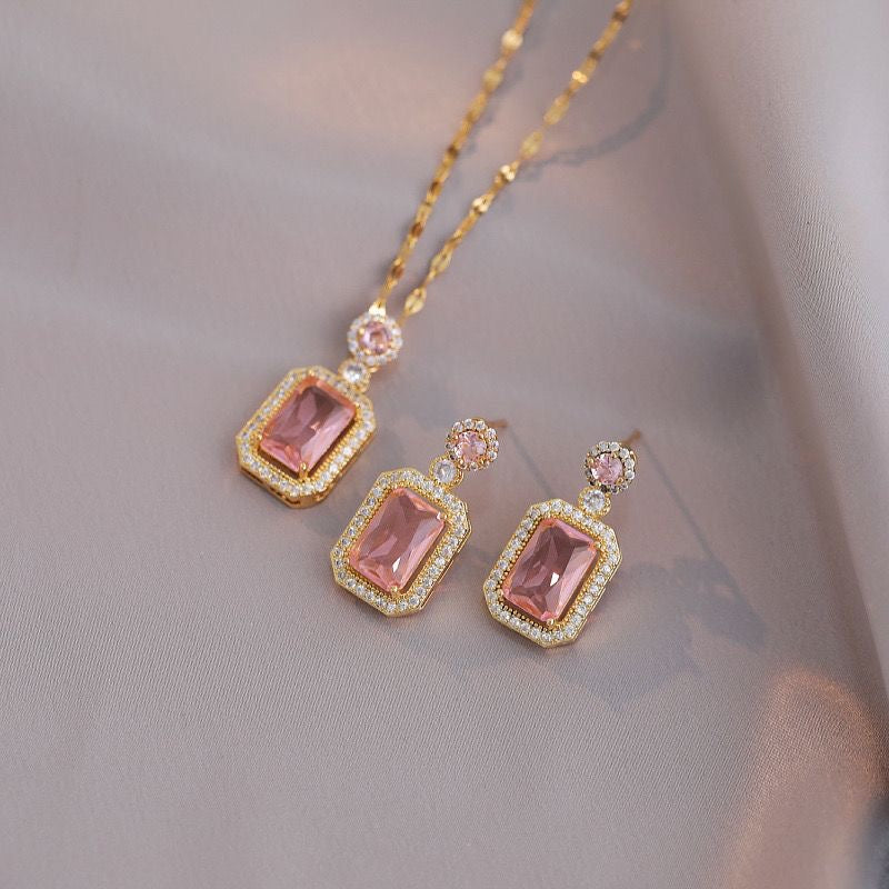 Pink Luxurious Rectangle Zircon Jewel Set