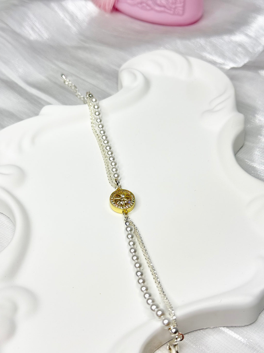Star Disc White Pearl Cubic Zirconia Double Bracelet