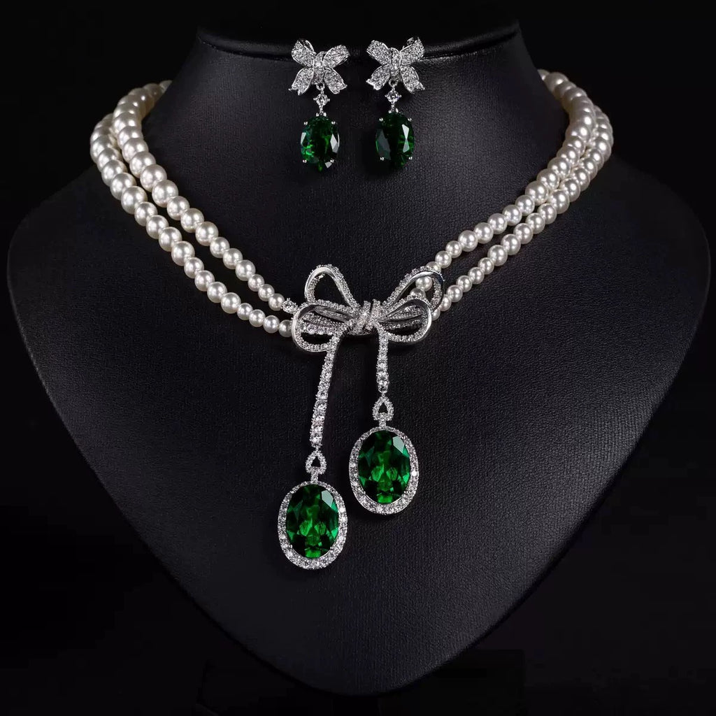Pearl and Green Zircon Bow Jewel Set