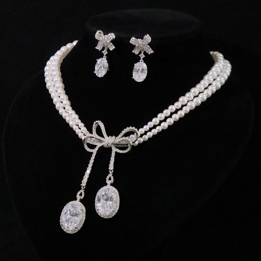 Pearl and White Zircon Bow Jewel Set