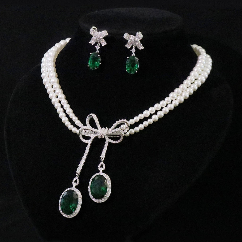 Pearl and Green Zircon Bow Jewel Set
