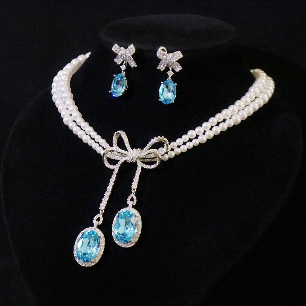 Pearl and Blue Zircon Bow Jewel Set