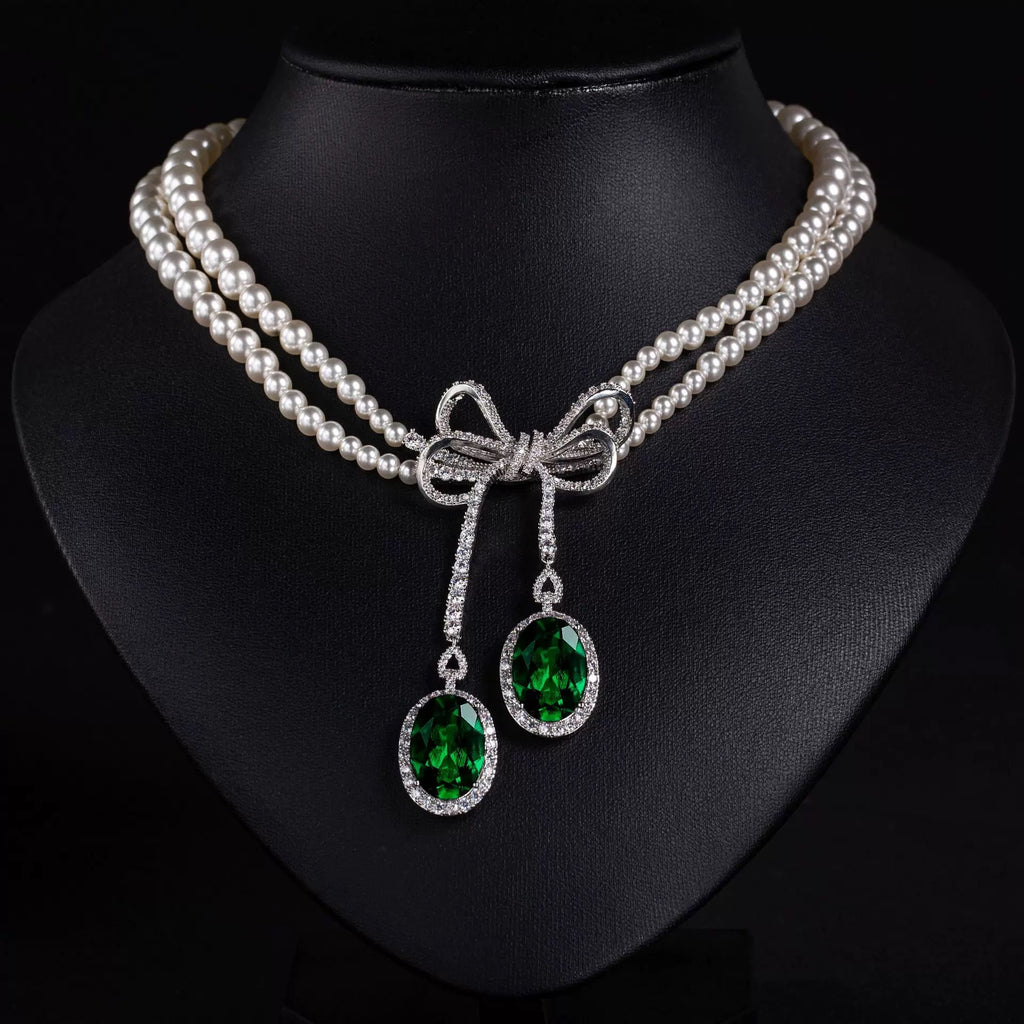 Pearl and Green Zircon Bow Jewel Set