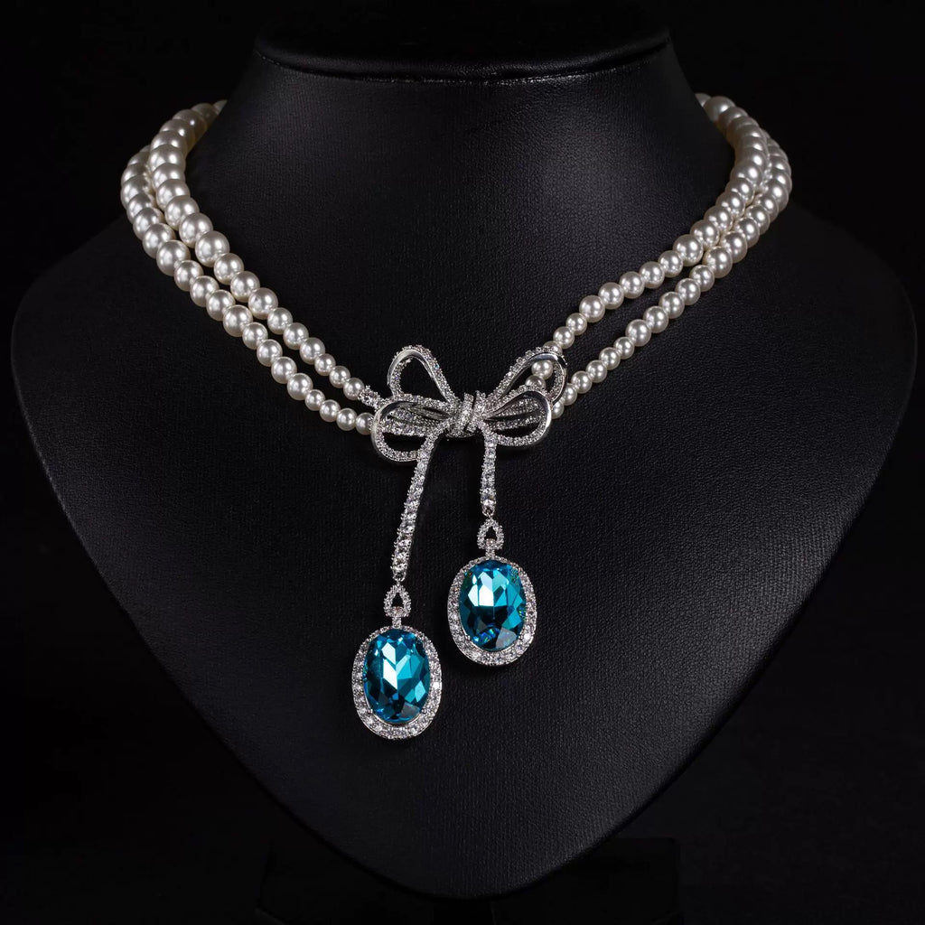 Pearl and Blue Zircon Bow Jewel Set