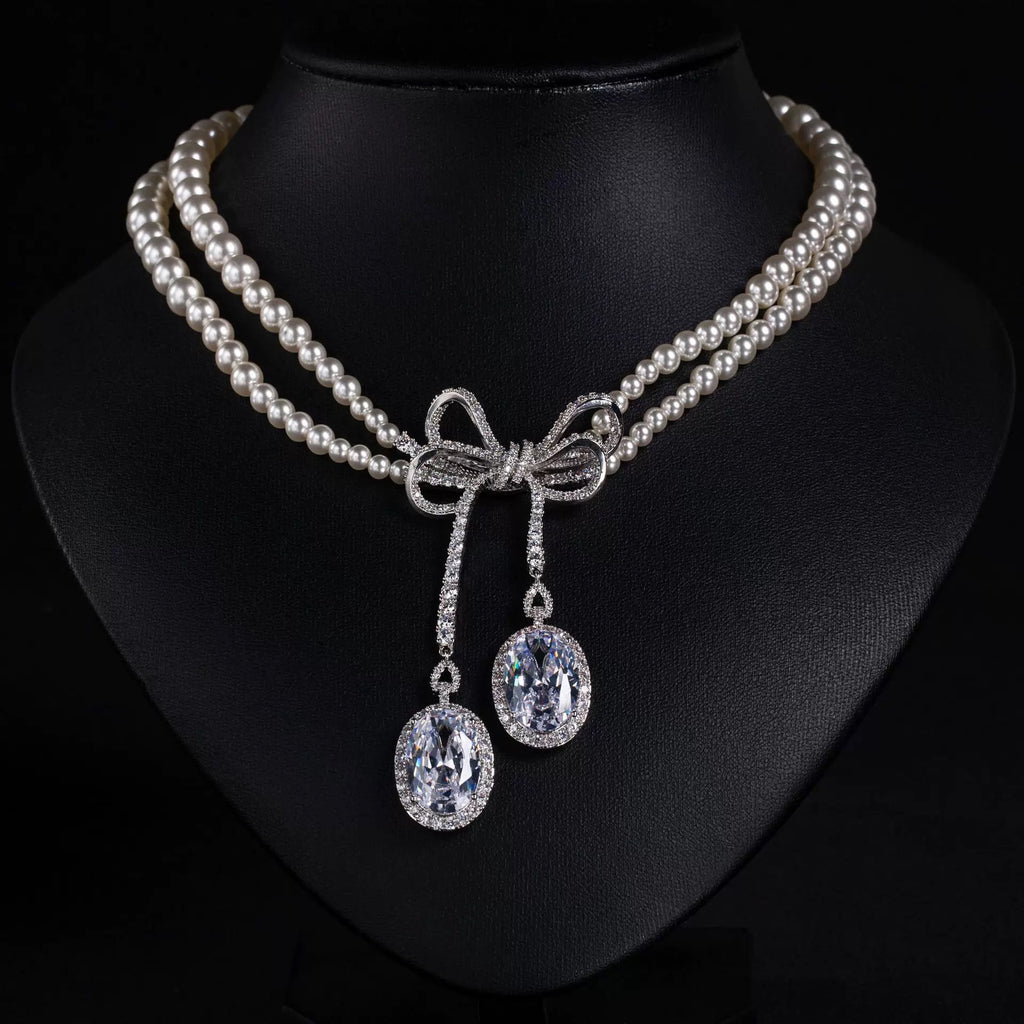 Pearl and White Zircon Bow Jewel Set