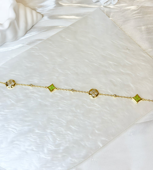 Green and Gold Rhombus Clover Cubic Zircon Bracelet