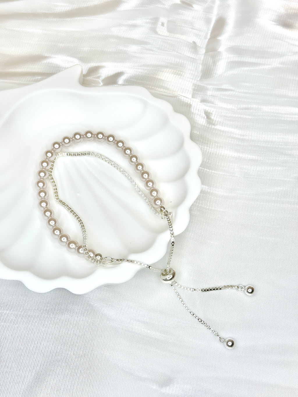 White Pearl and Zircon Double Wear Bracelet