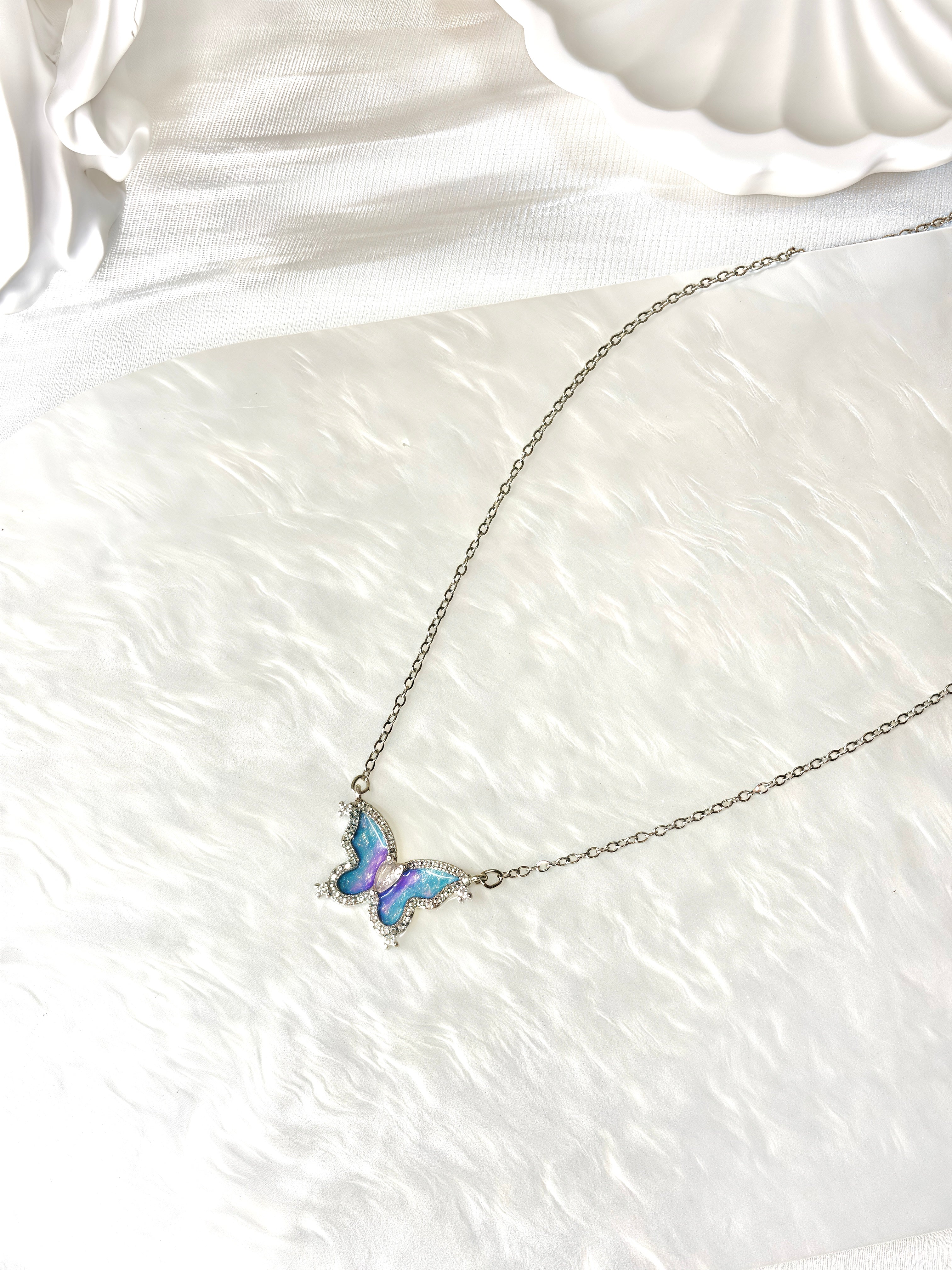 Blue Iridescent Butterfly Necklace