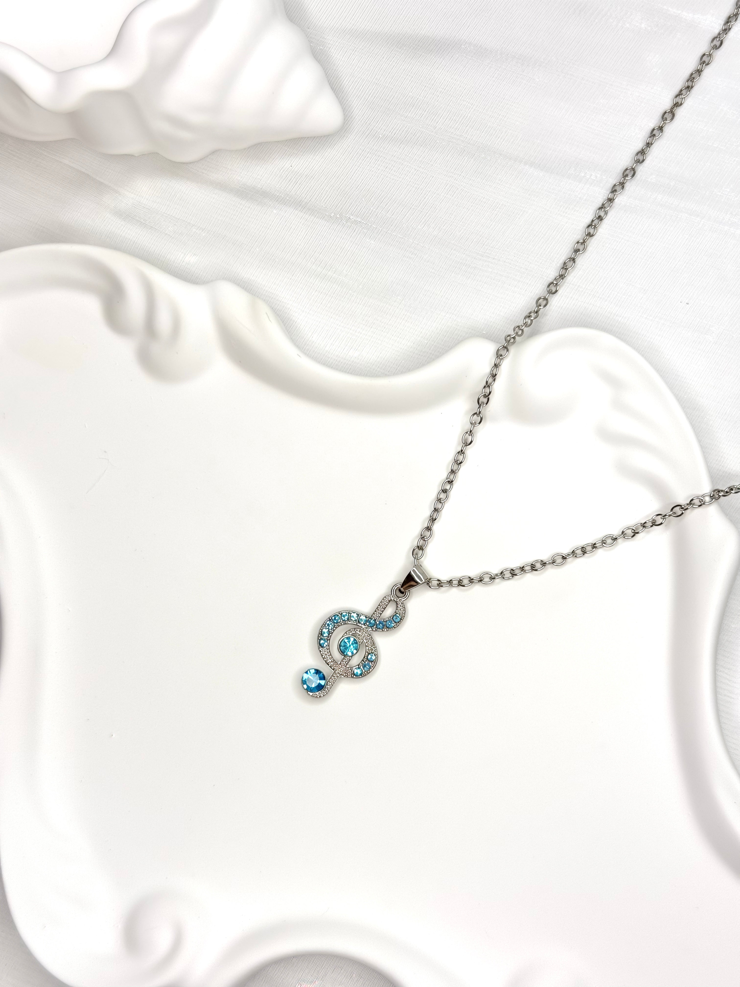 Blue Rhinestone Music Note Necklace
