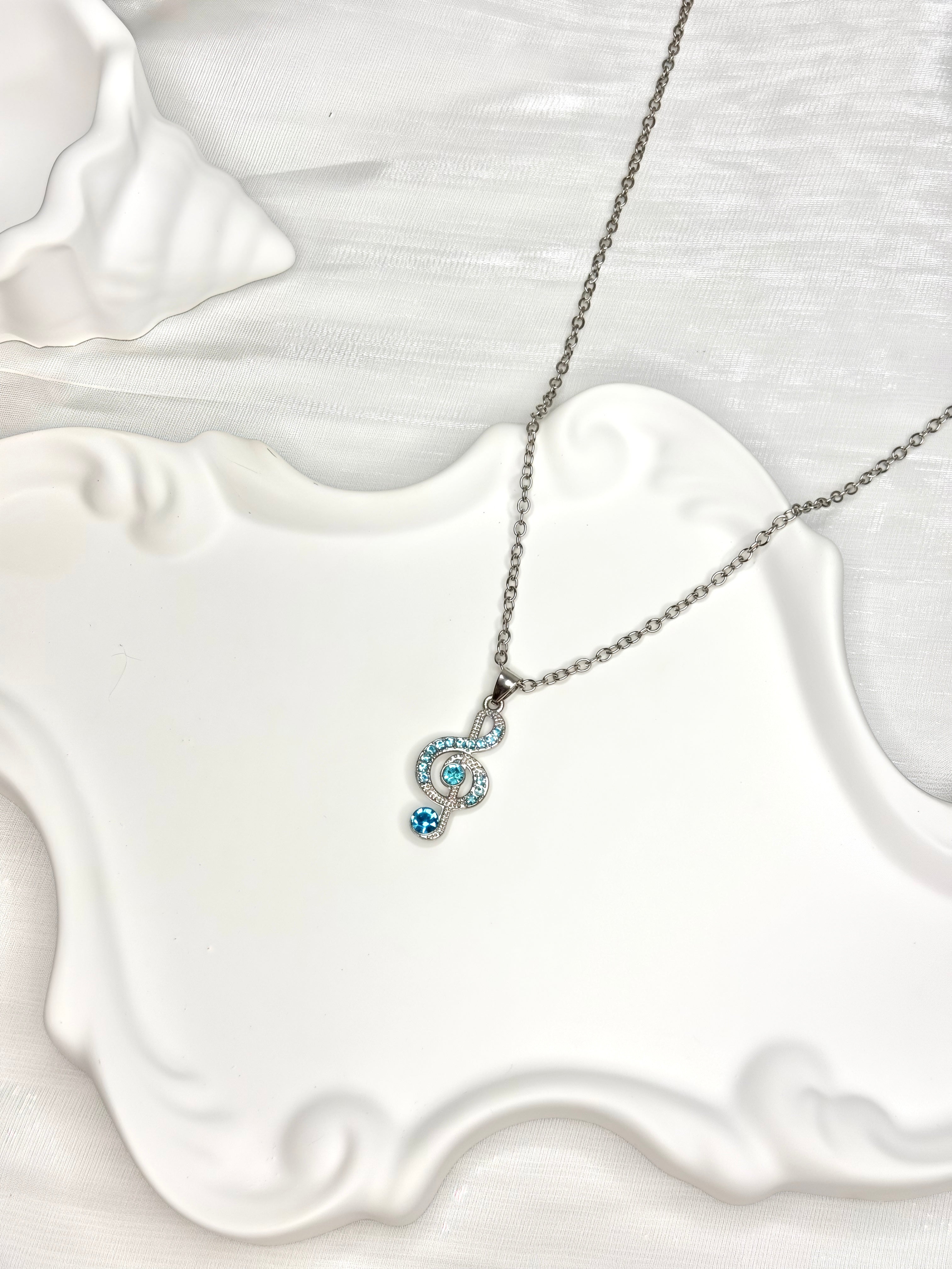 Blue Rhinestone Music Note Necklace