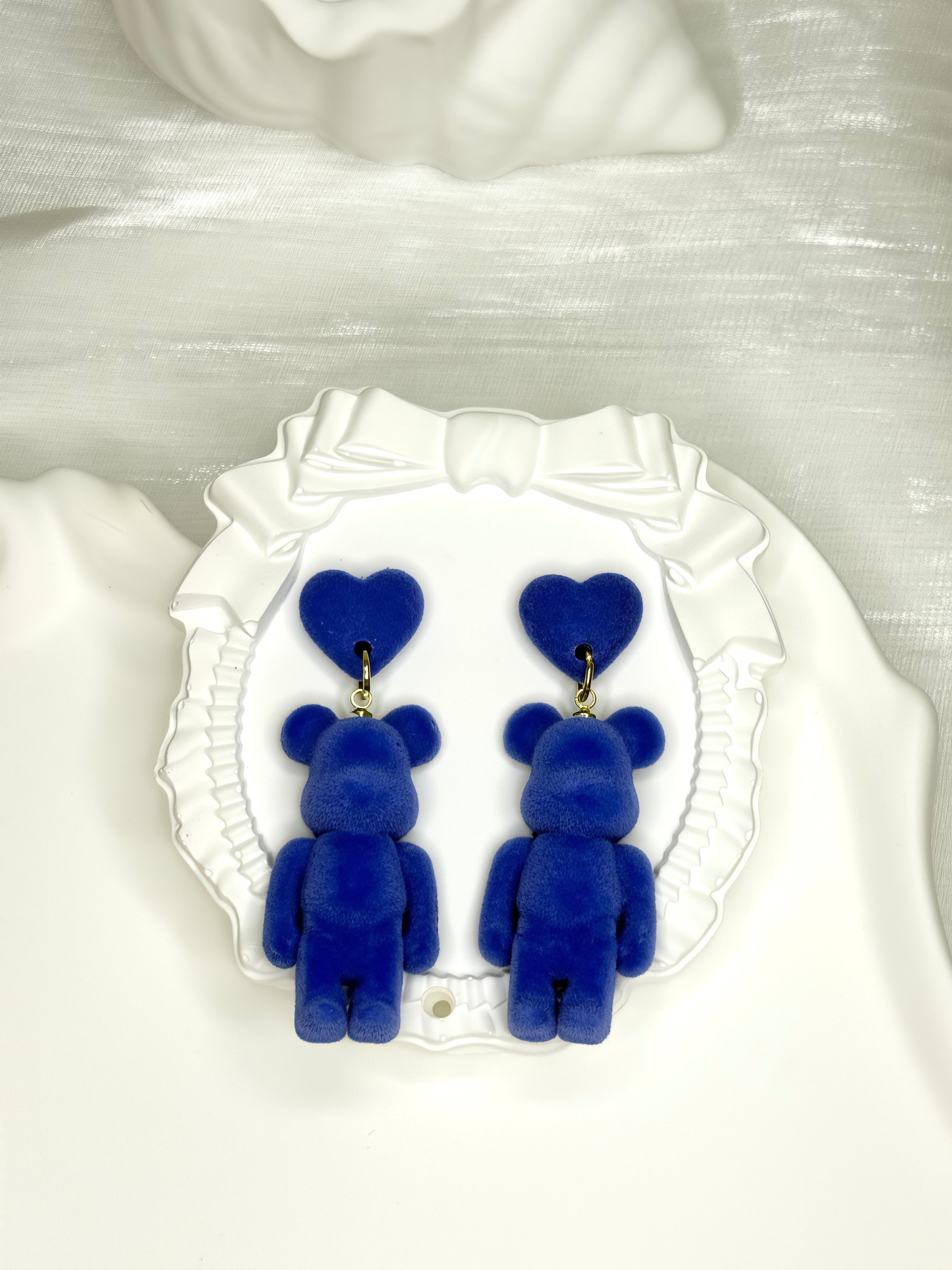 Klein Blue Velvet Bear Earrings