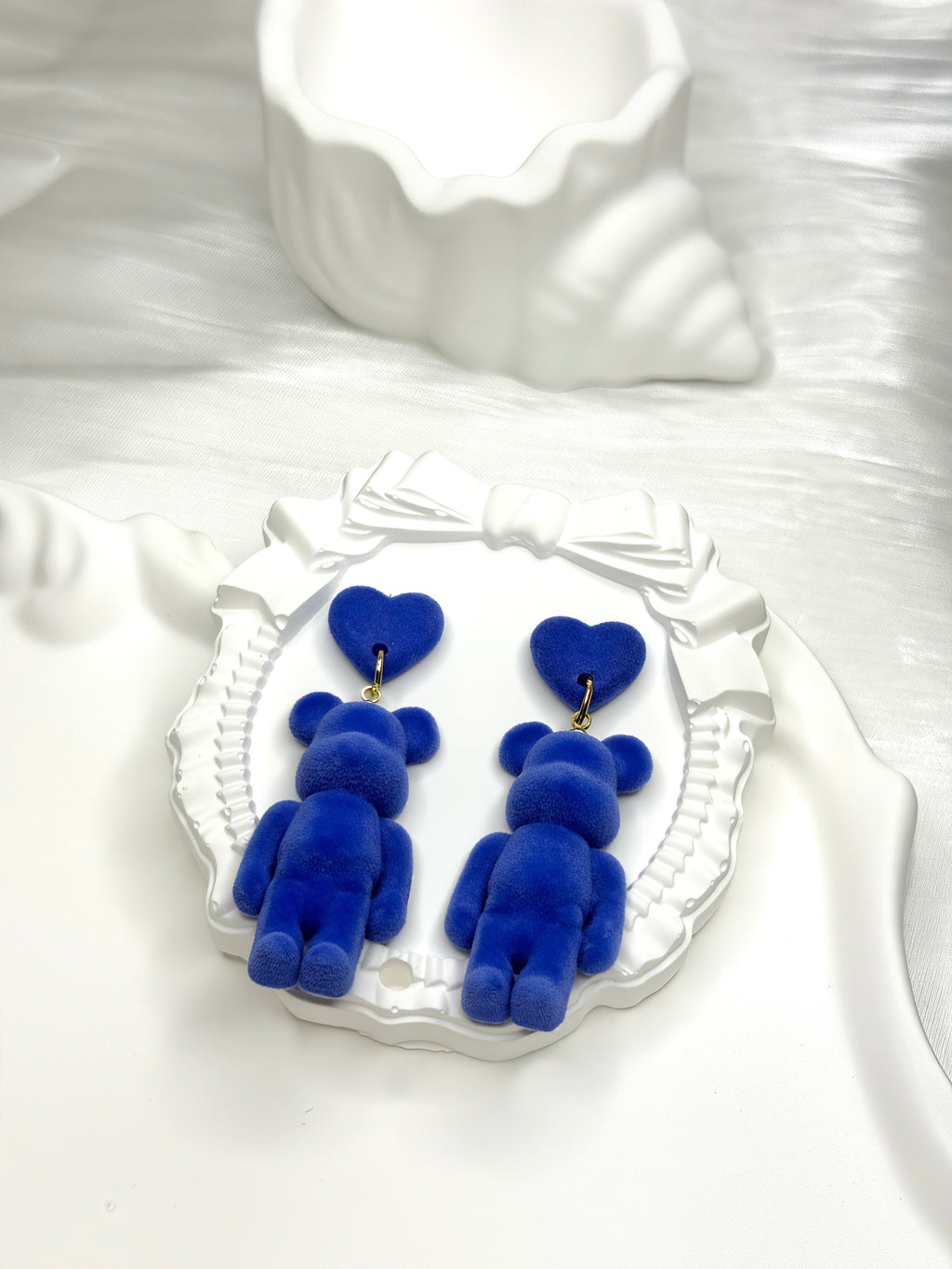 Klein Blue Velvet Bear Earrings