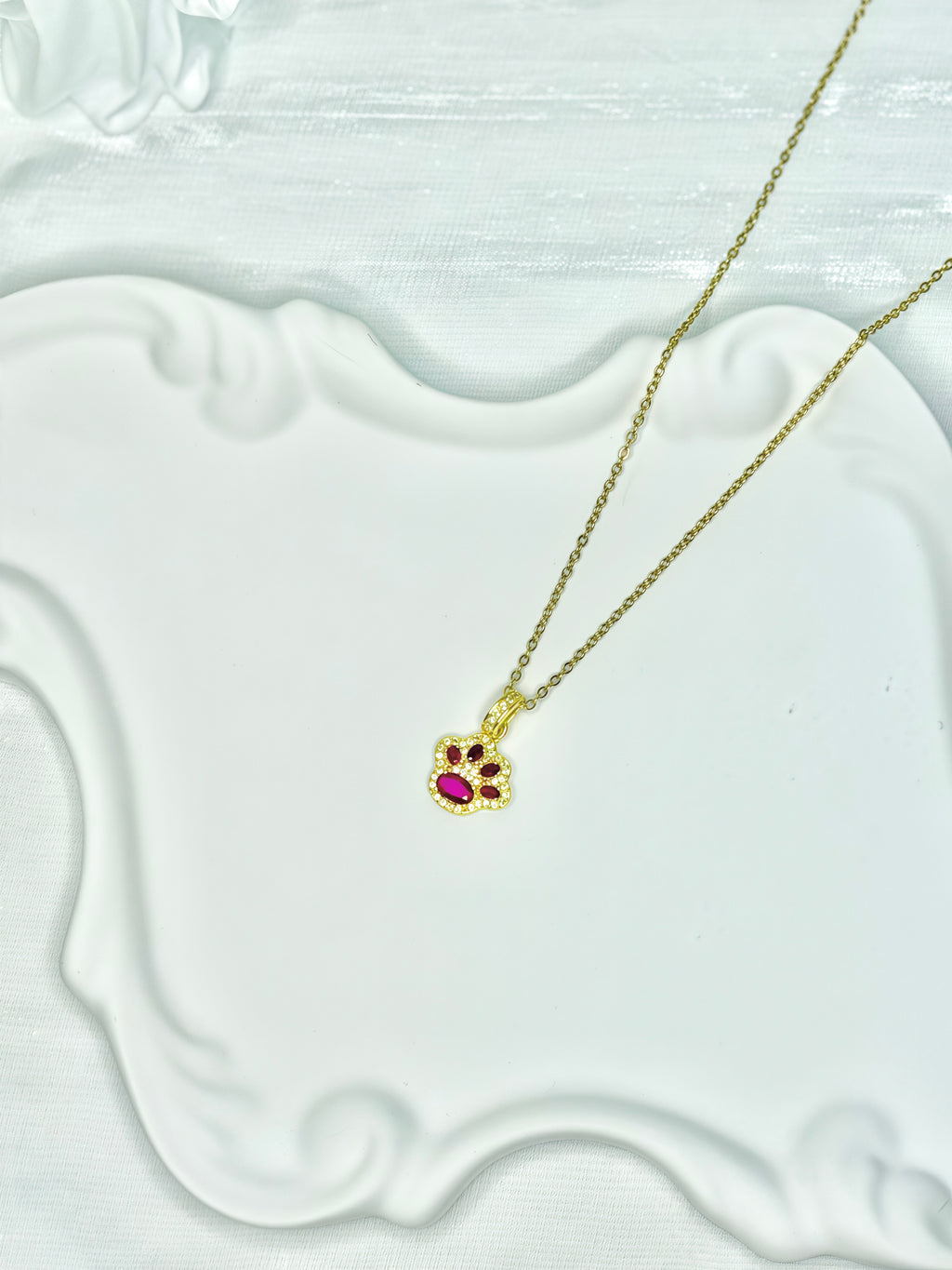 Paw Print Pink Zircon Necklace