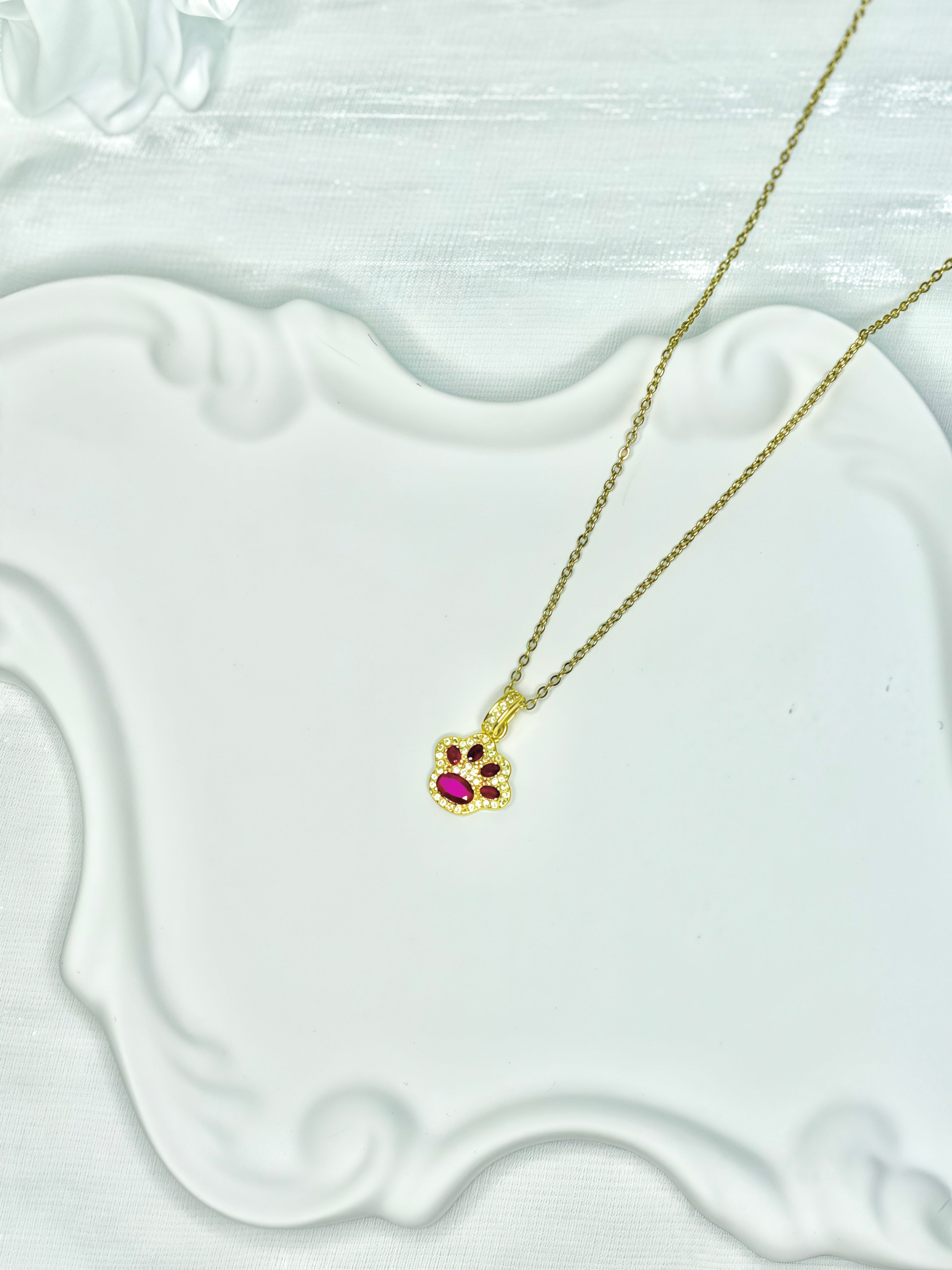 Paw Print Pink Zircon Necklace