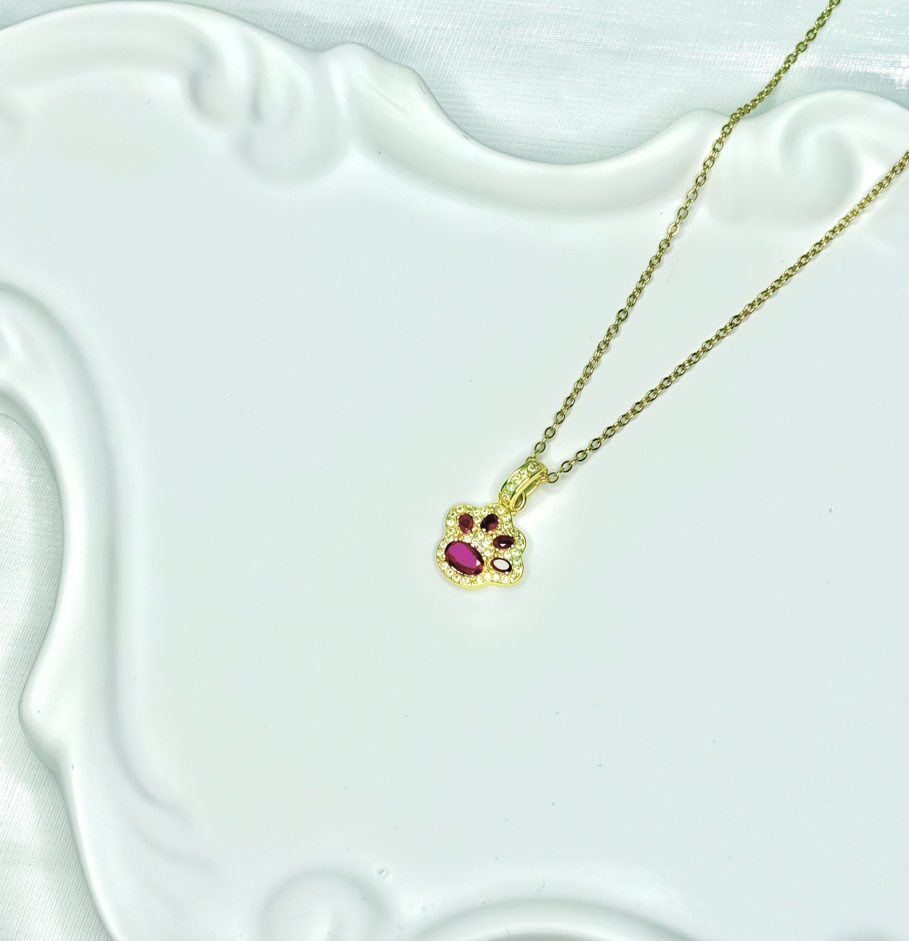 Paw Print Pink Zircon Necklace