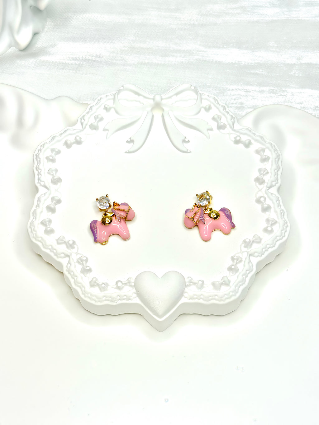 Pink Enamel Painted Pony and Shiny Rhinestone Earrings