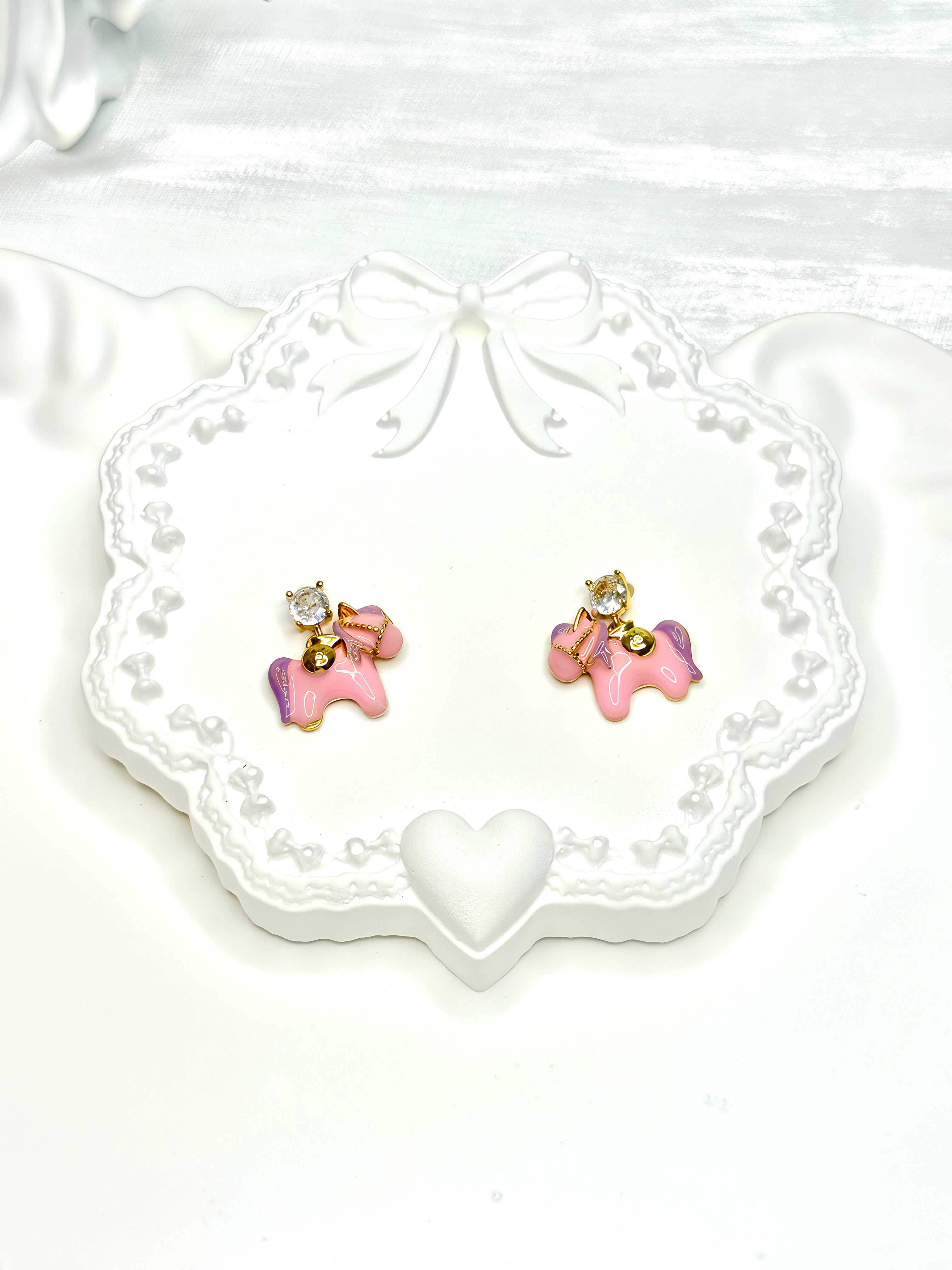 Pink Enamel Painted Pony and Shiny Rhinestone Earrings