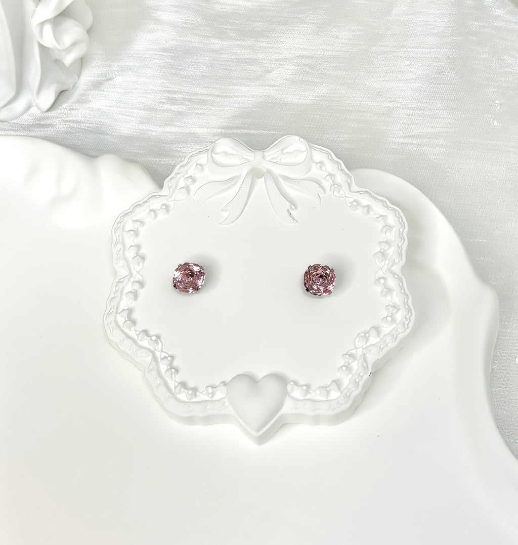 Shiny Pink Titanium Steel Millennium Cut Rose Pattern Earrings