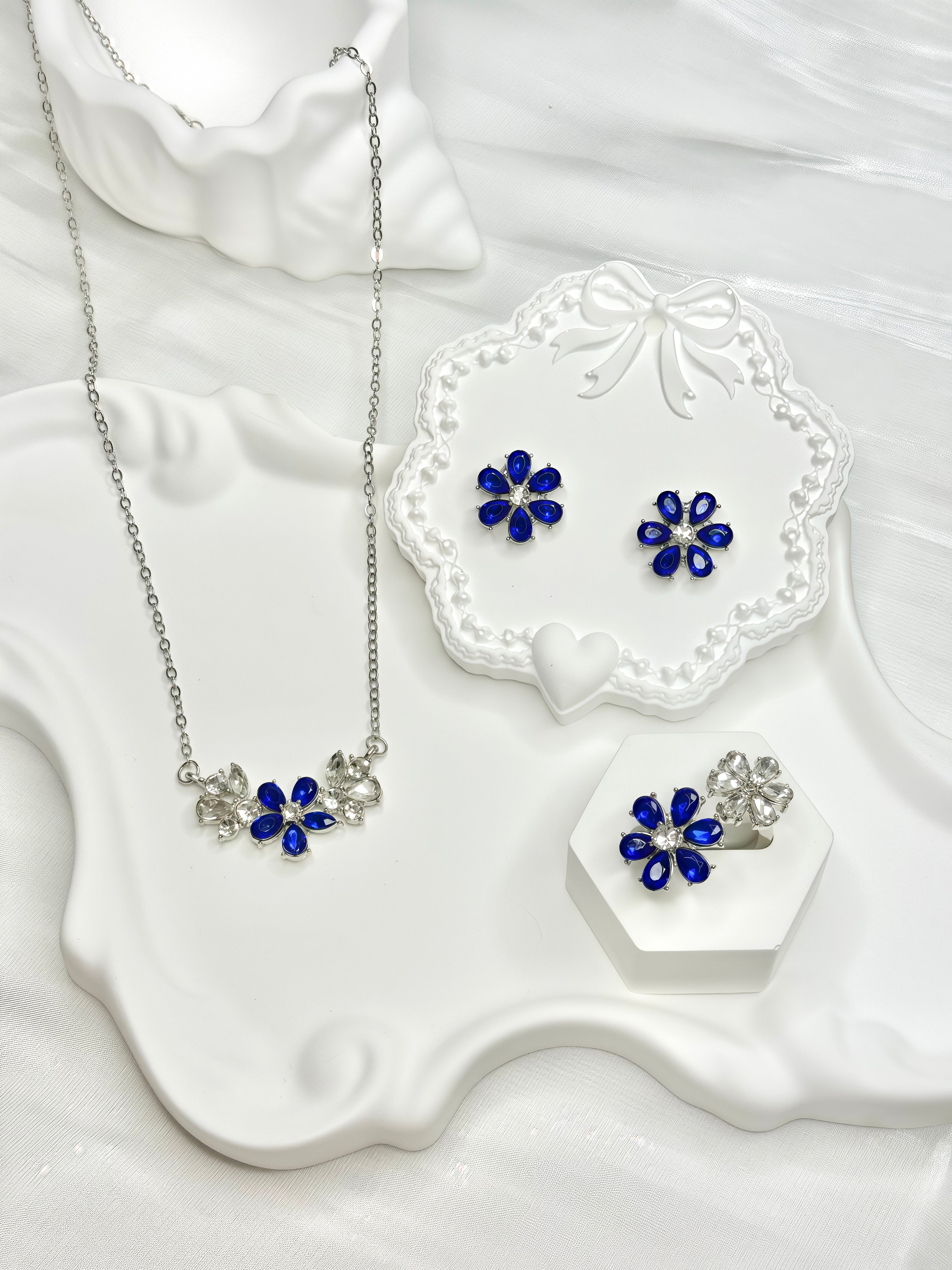Blue Twin Flower Sparkling Zircon Jewel Set