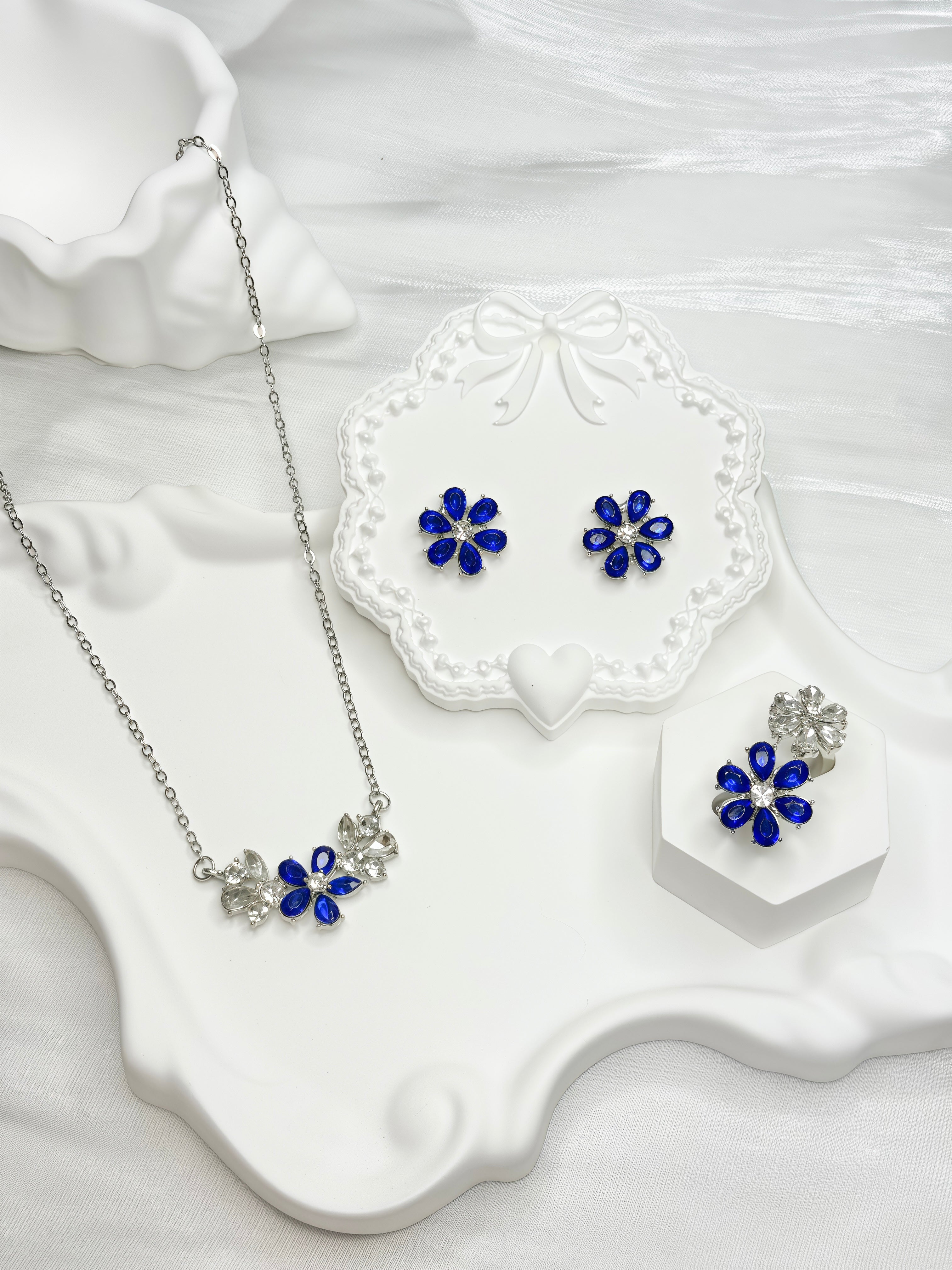 Blue Twin Flower Sparkling Zircon Jewel Set