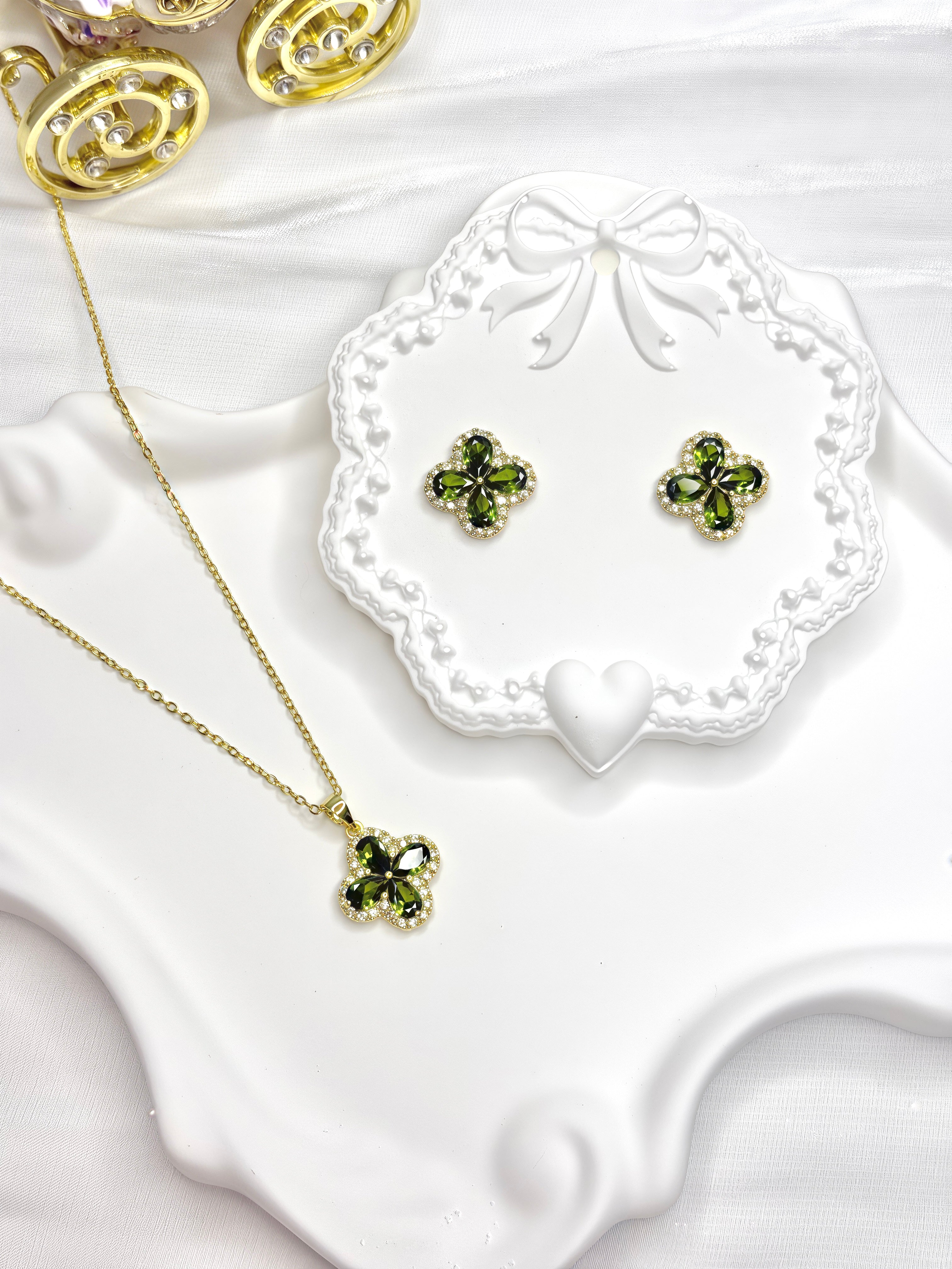 Green Four Leaf Clover Zircon Jewel Set
