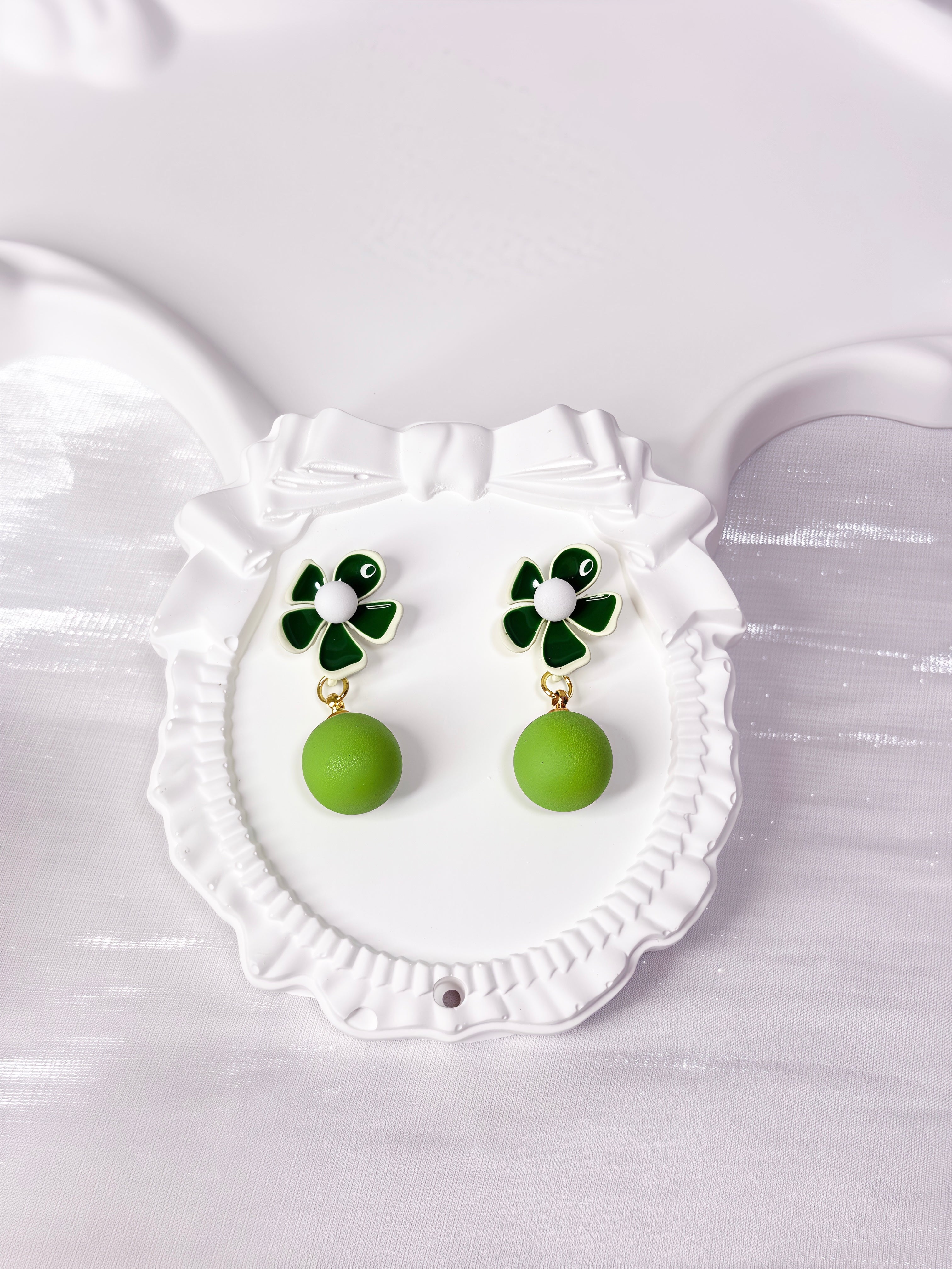 Fresh Green Enamel Flower Ball Earrings