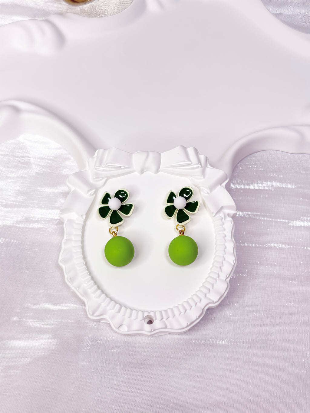 Fresh Green Enamel Flower Ball Earrings