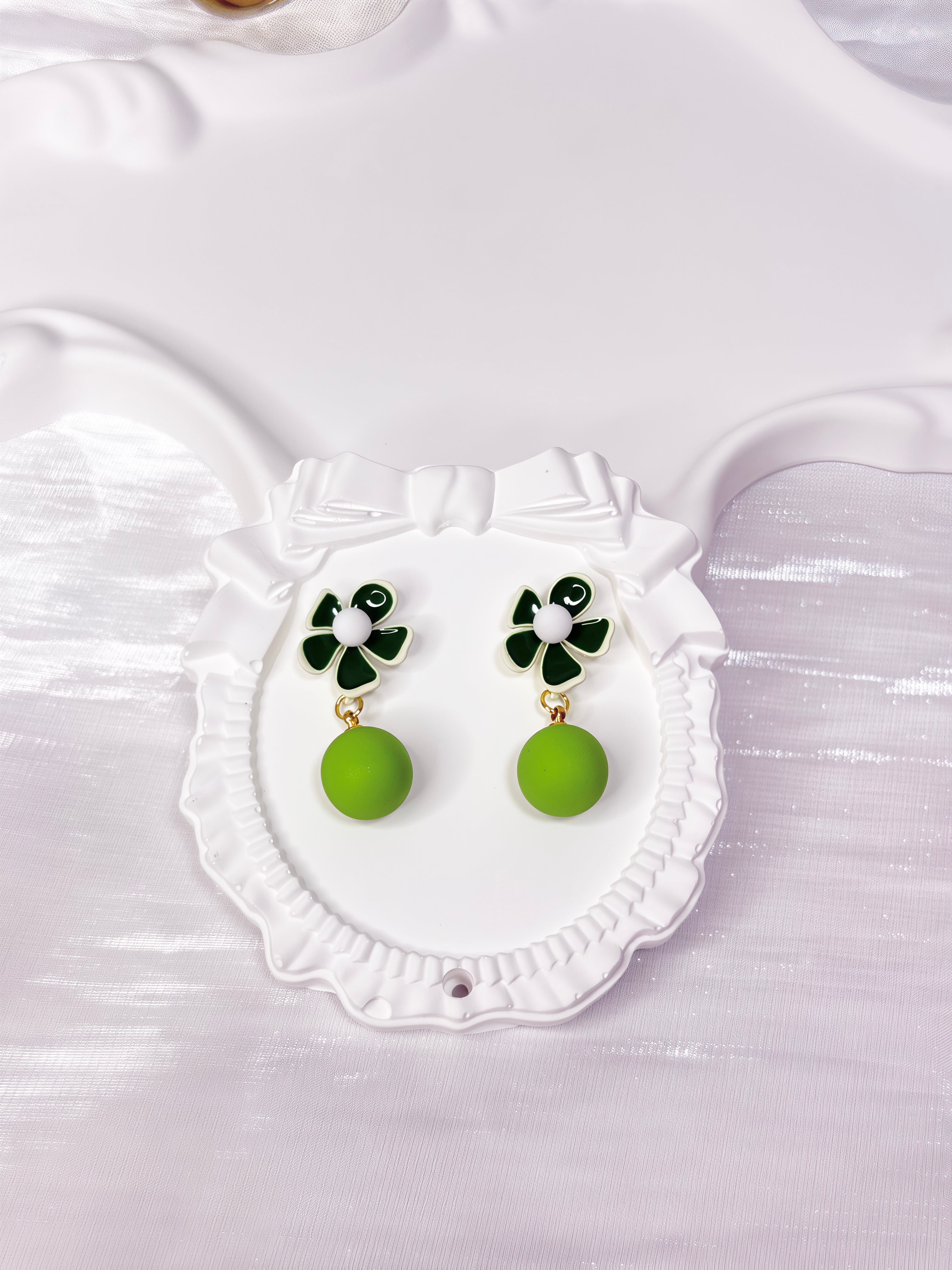 Fresh Green Enamel Flower Ball Earrings