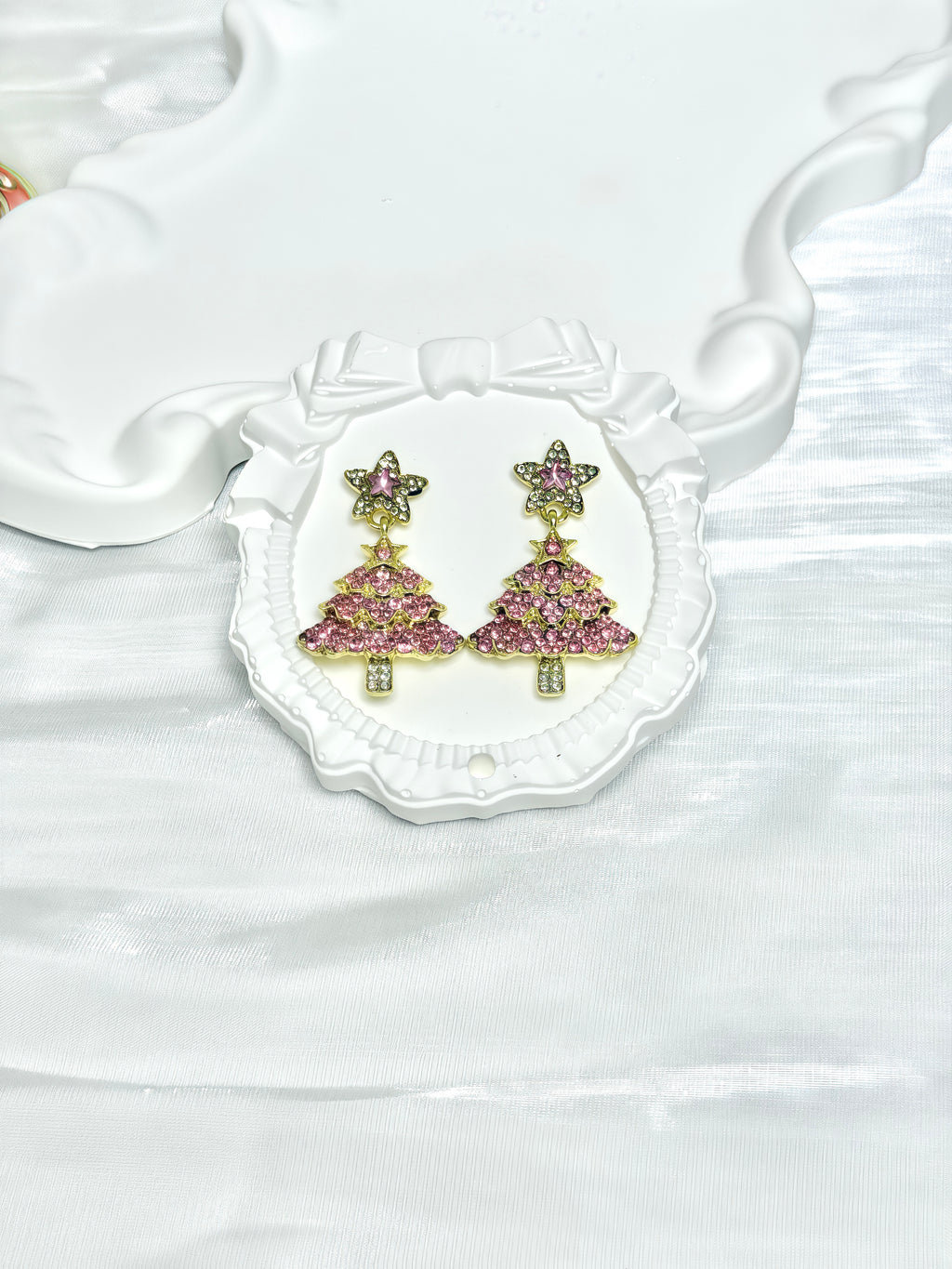Pink Sparkling Christmas Tree Earrings
