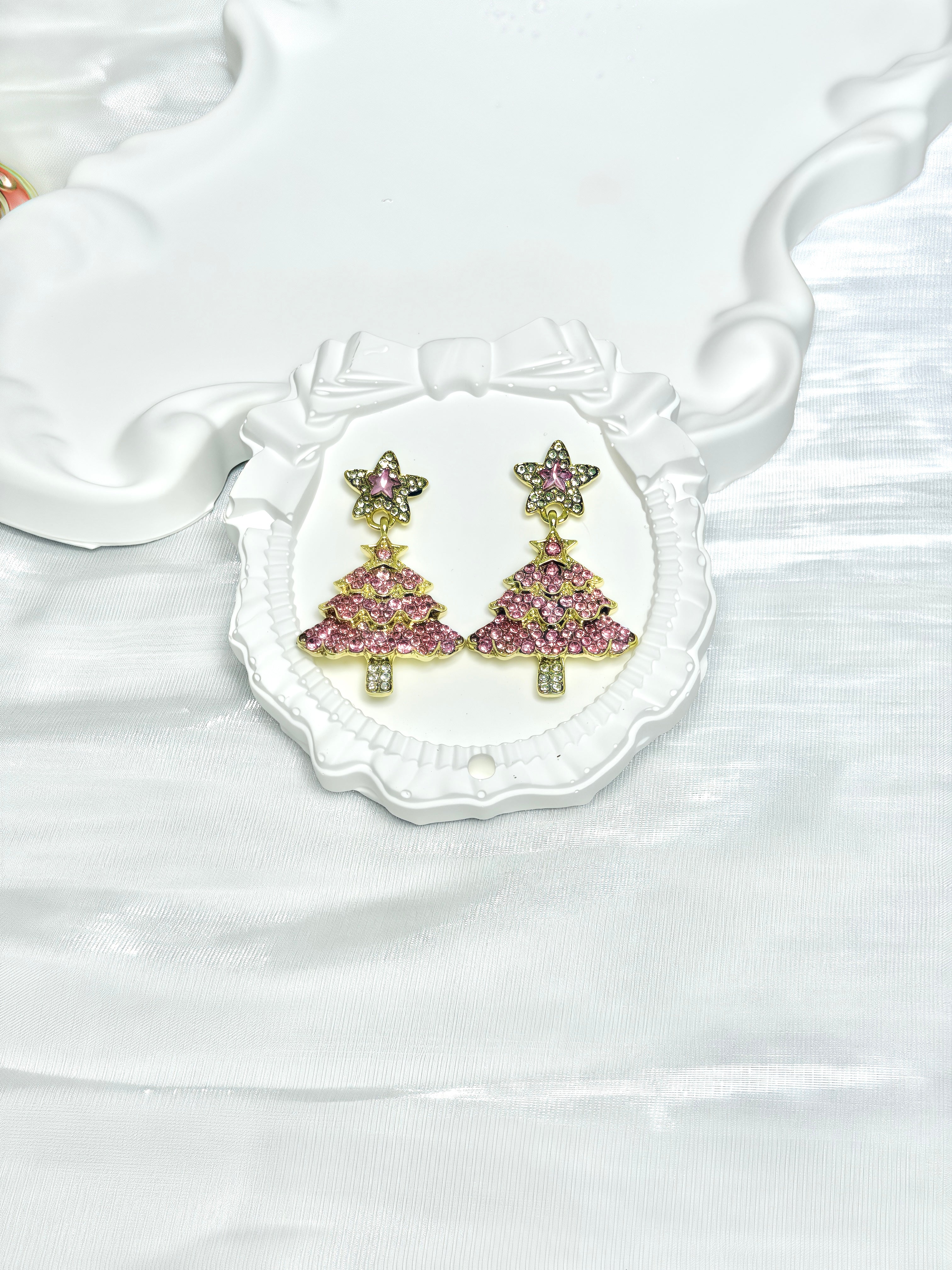 Pink Sparkling Christmas Tree Earrings