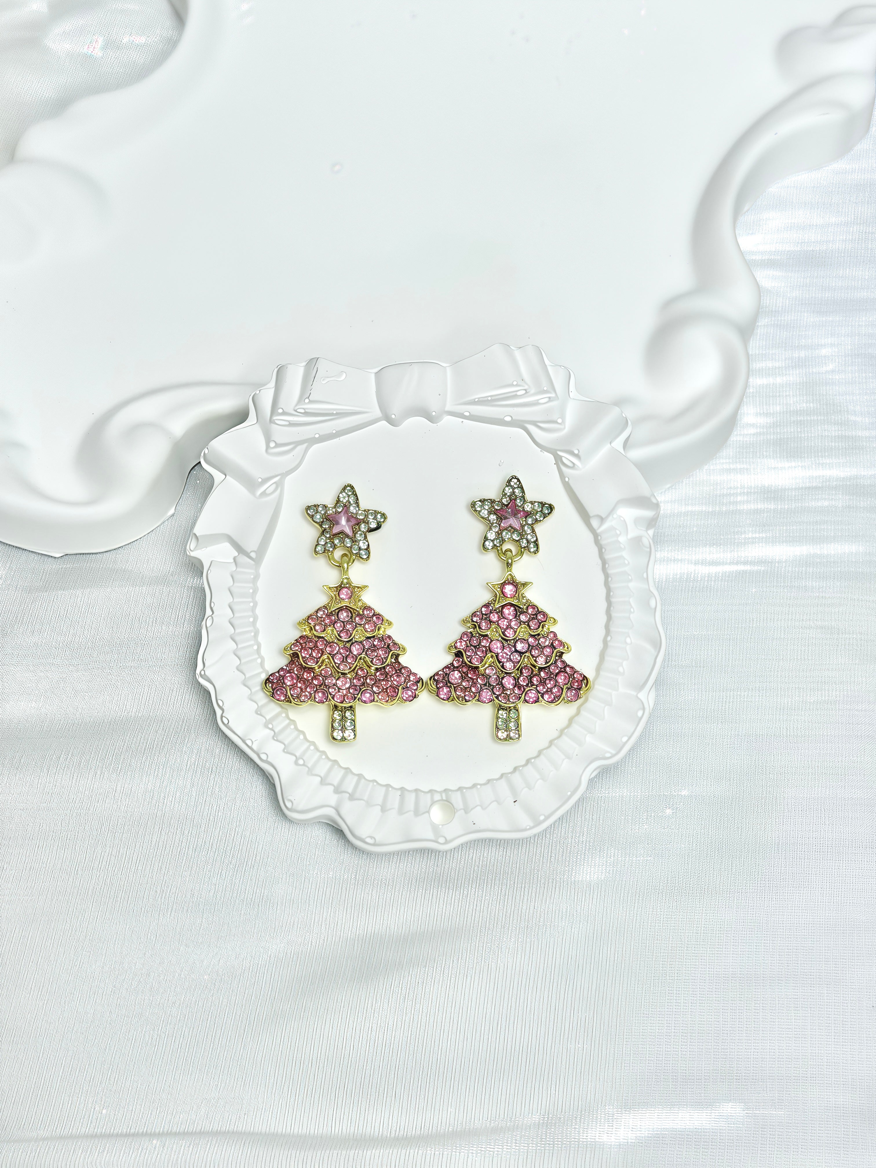 Pink Sparkling Christmas Tree Earrings