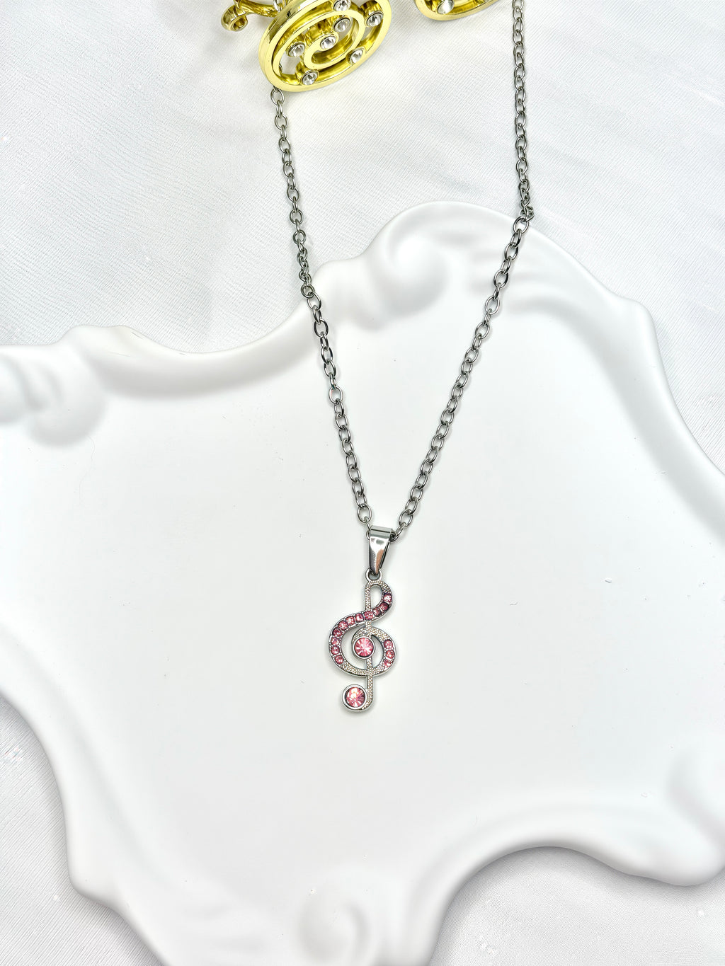 Pink Rhinestone Music Note Necklace