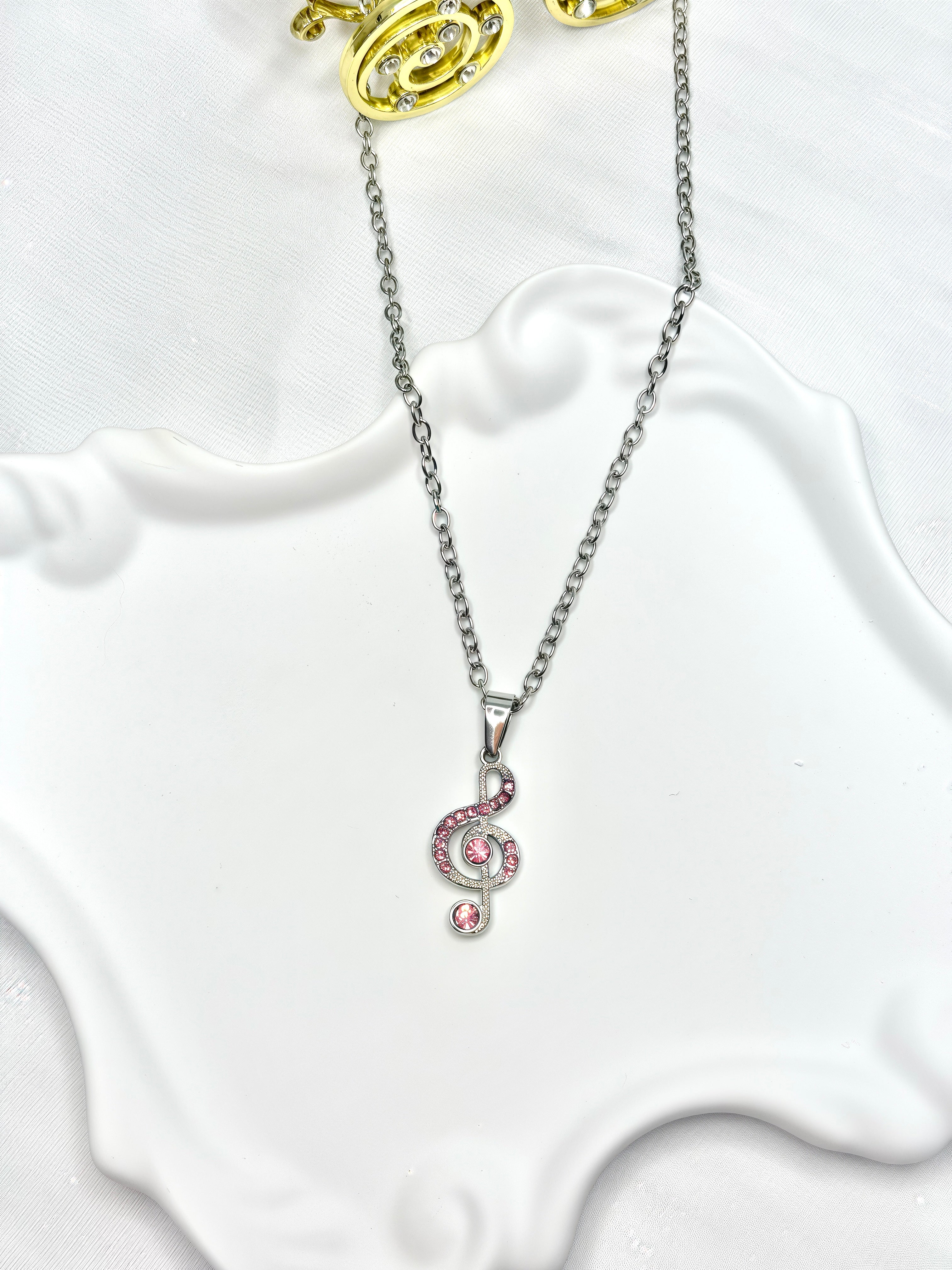 Pink Rhinestone Music Note Necklace