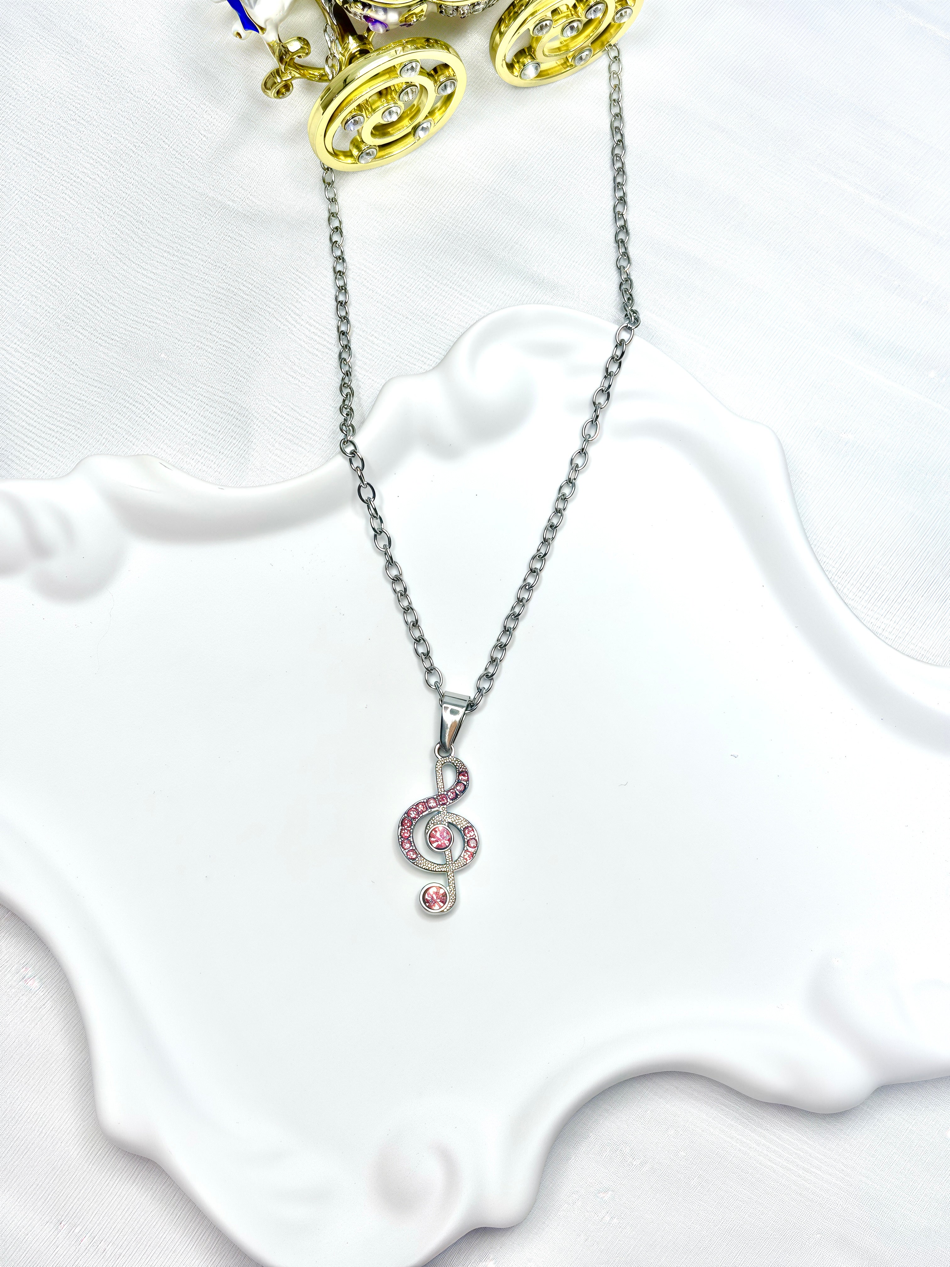 Pink Rhinestone Music Note Necklace