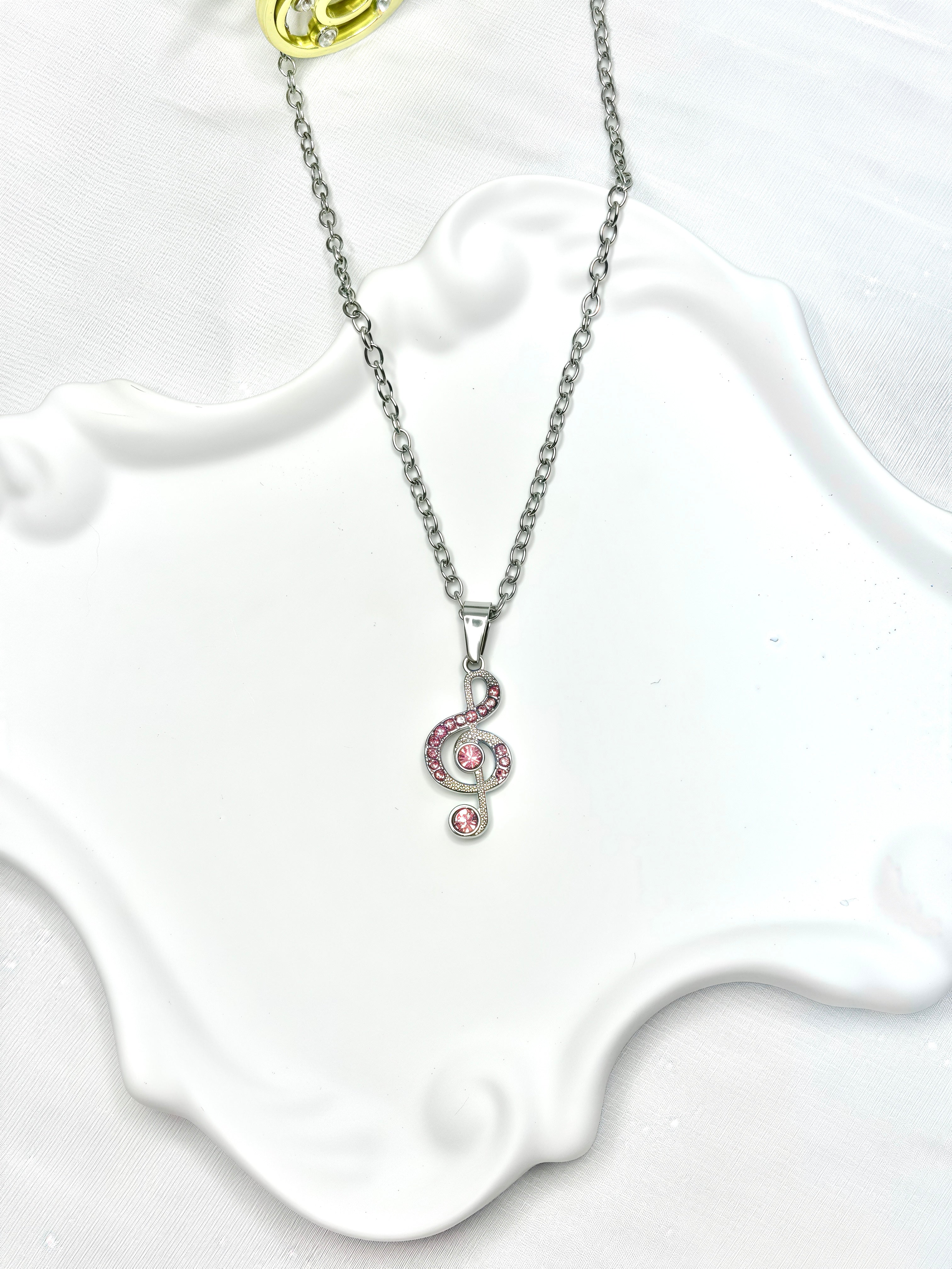 Pink Rhinestone Music Note Necklace
