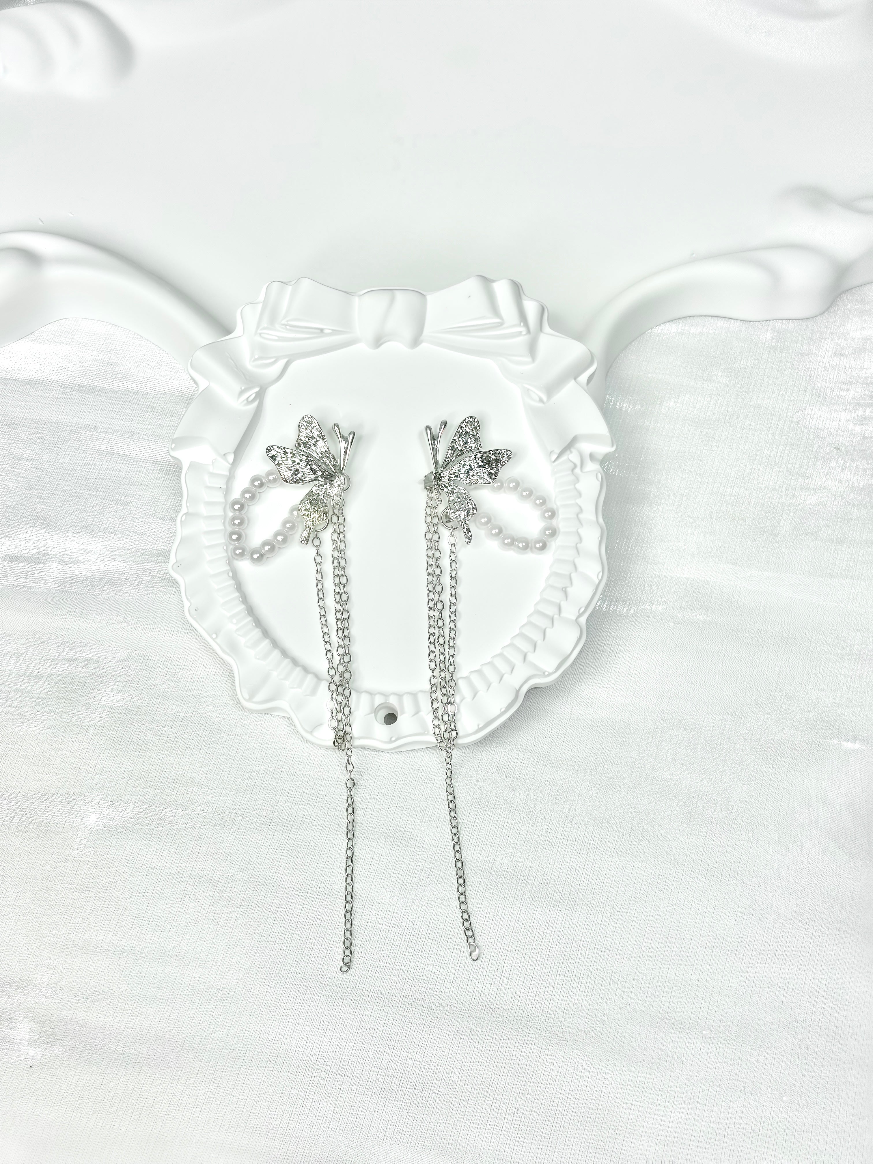 White Pearl and Silver Butterfly Tassel Earrings