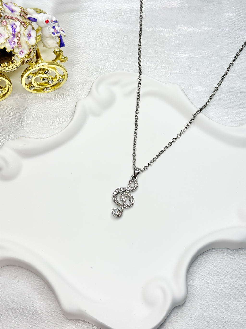 White Rhinestone Music Note Necklace