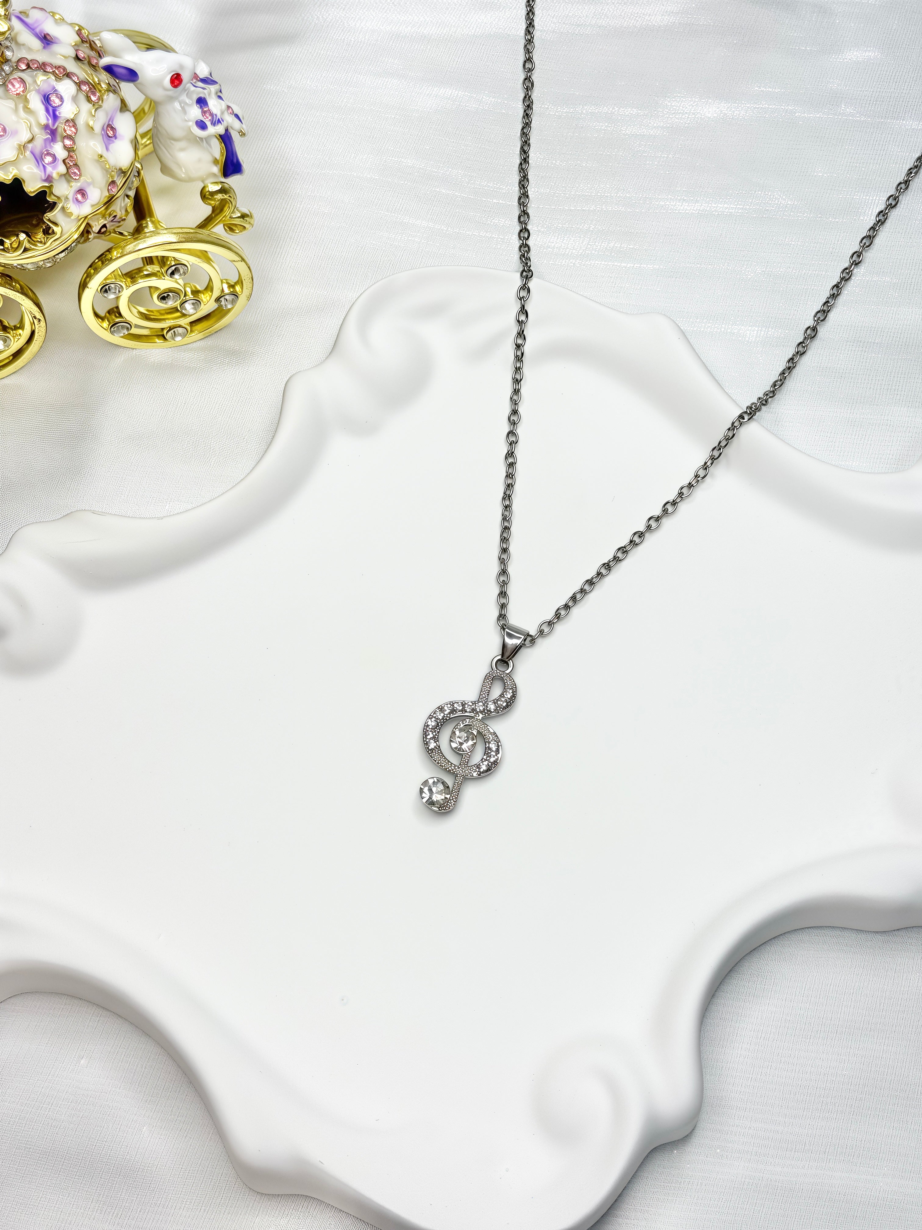 White Rhinestone Music Note Necklace
